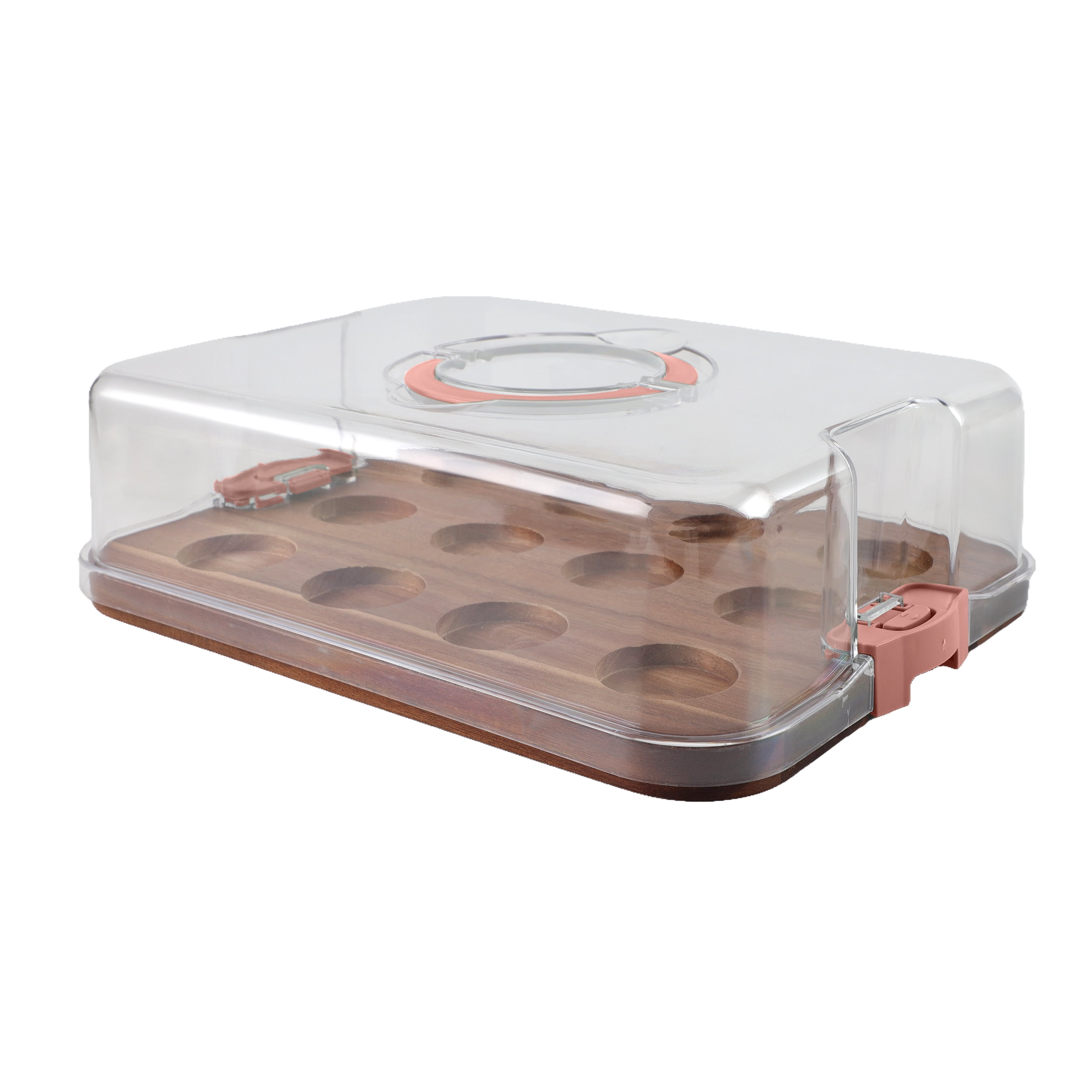 Cook with Color 12-Cupcake Reversible Dark Walnut Wood Rectangular Cake Carrier with Clear Locking Lid