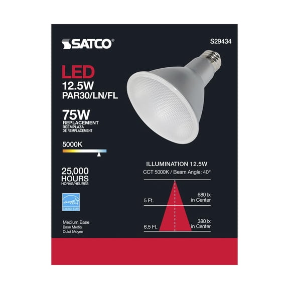 Satco S29434 PAR30LN Reflector Light Bulbs 12.5W 120V 5000K 1000L E26 Medium Base Dimmable (12 Pack)