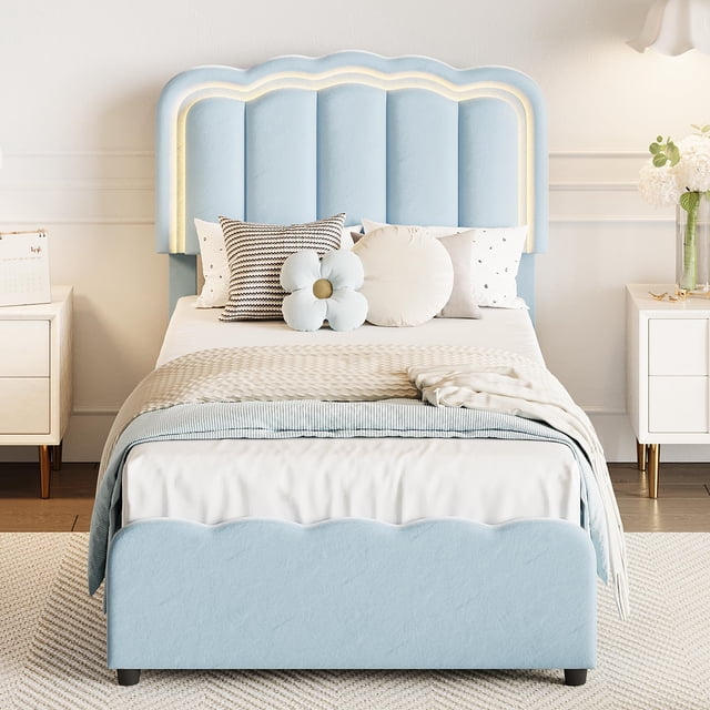 Twin LED Bed Frame, Kids Platform Bed with 2 Large Storage Drawers, Velvet Upholstered Princess Bed for Girls & Boys, Wooden Slats Support, No Box Spring Needed, Easy Assembly