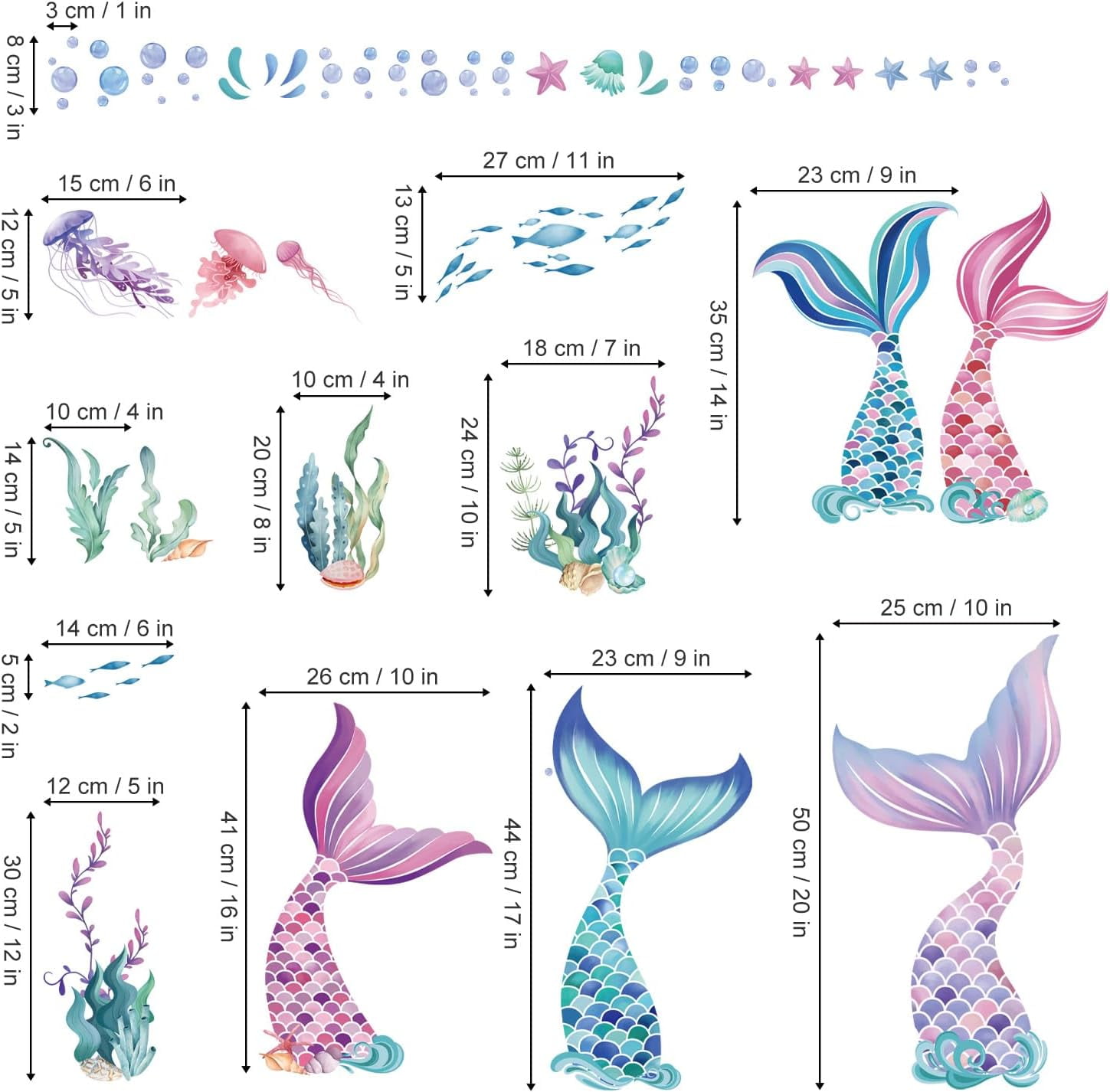 Mermaid Tail Wall Stickers Under The Sea Mermaid Bubble Seaweed Peel and Stick Wall Art Decals for Baby Nursery Girls Bedroom Bathroom