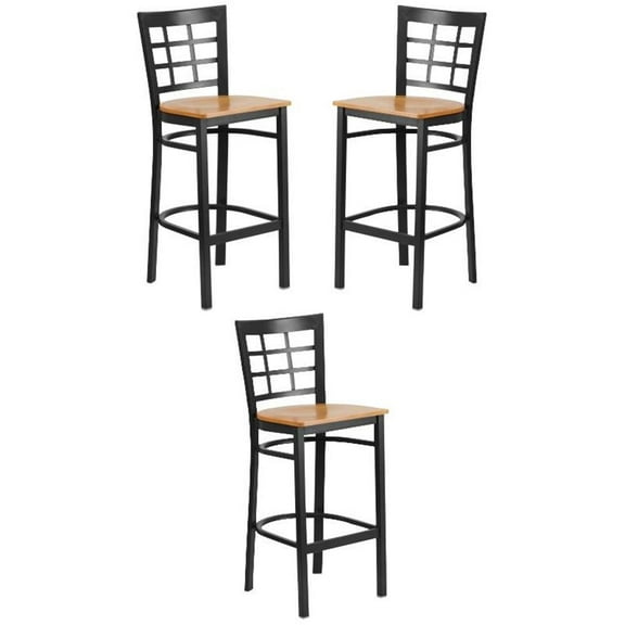 Home Square Metal Window Back Bar Stool in Black and Natural Finish - Set of 3