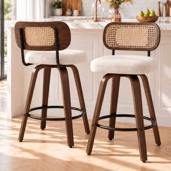 LEGAHOME Swivel Bar Stools Set of 2, 26” Upholstered Counter Height Bar Stools with Cane Rattan Back and Wood Legs, Mid-Century Modern Barstools for Kitchen Island, 300 lbs, Walnut Beige