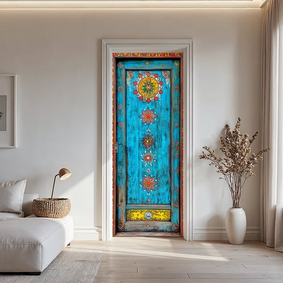 Bohemian Turquoise Door Sticker - 30.3x78.7in Vintage Floral Mandala Peel and Stick Door Decal for Home Decor