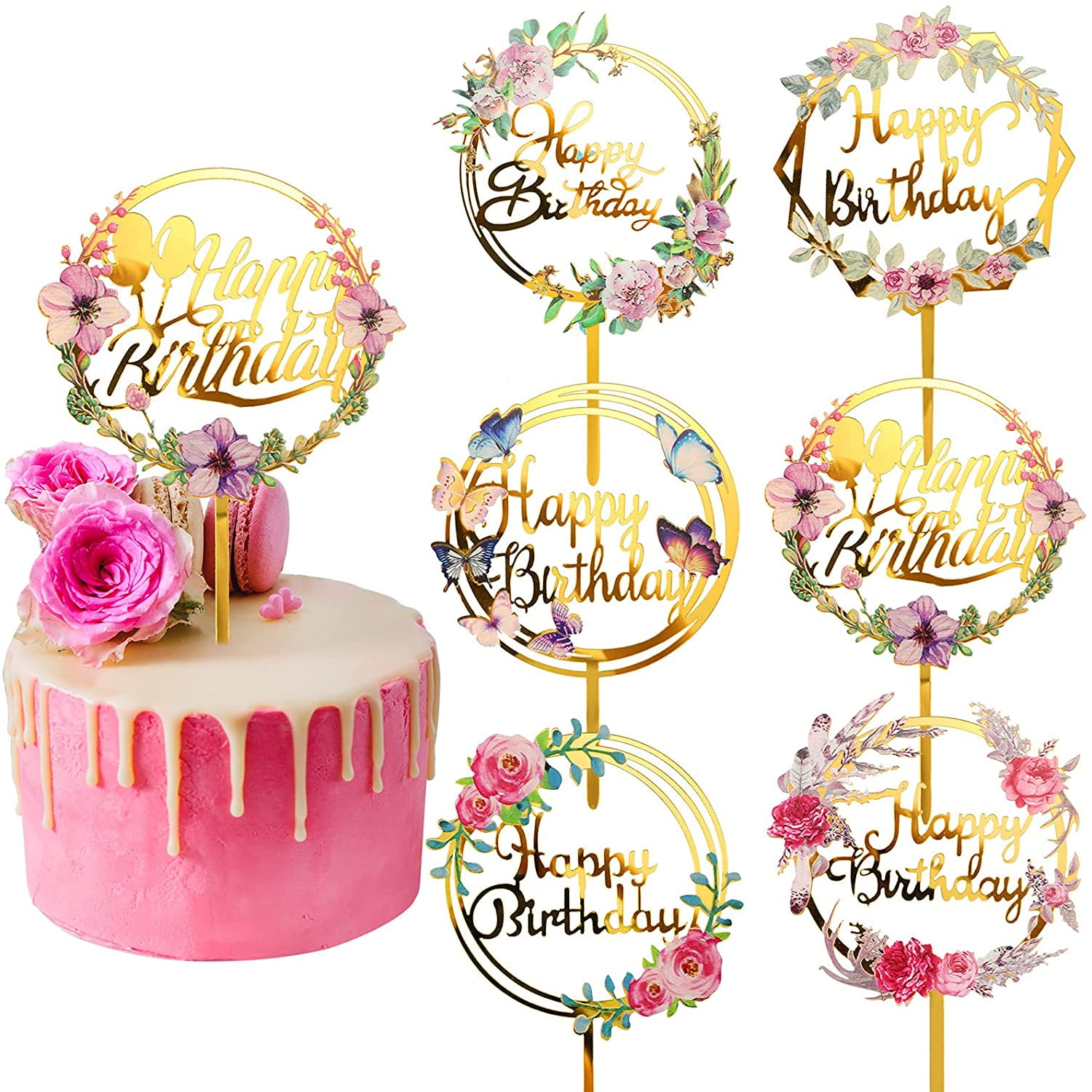 6 Pieces Happy Birthday Cake Toppers Gold Flower Acrylic Cake Toppers