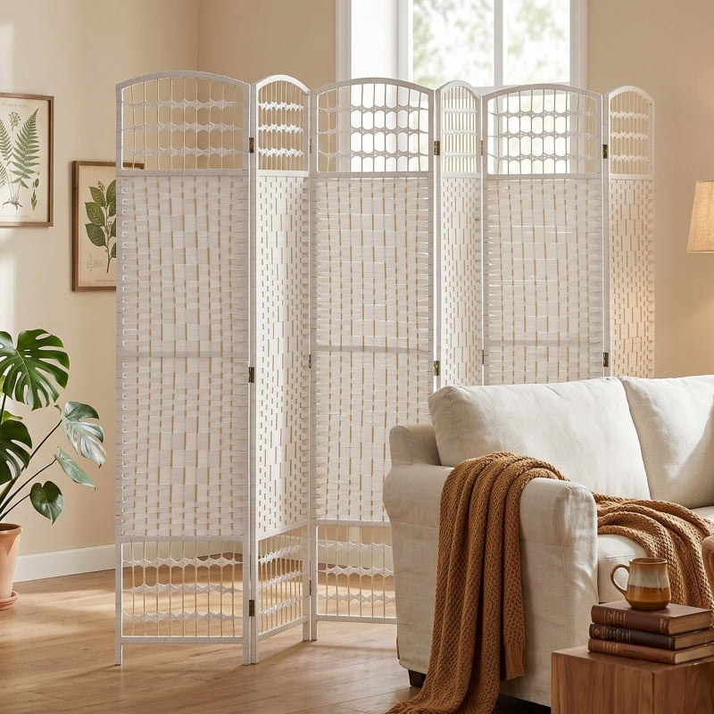 Alvantor 6-Panel Folding Privacy Screen with Hand-Woven Design, Freestanding Room Divider 94.5"x66.9" White