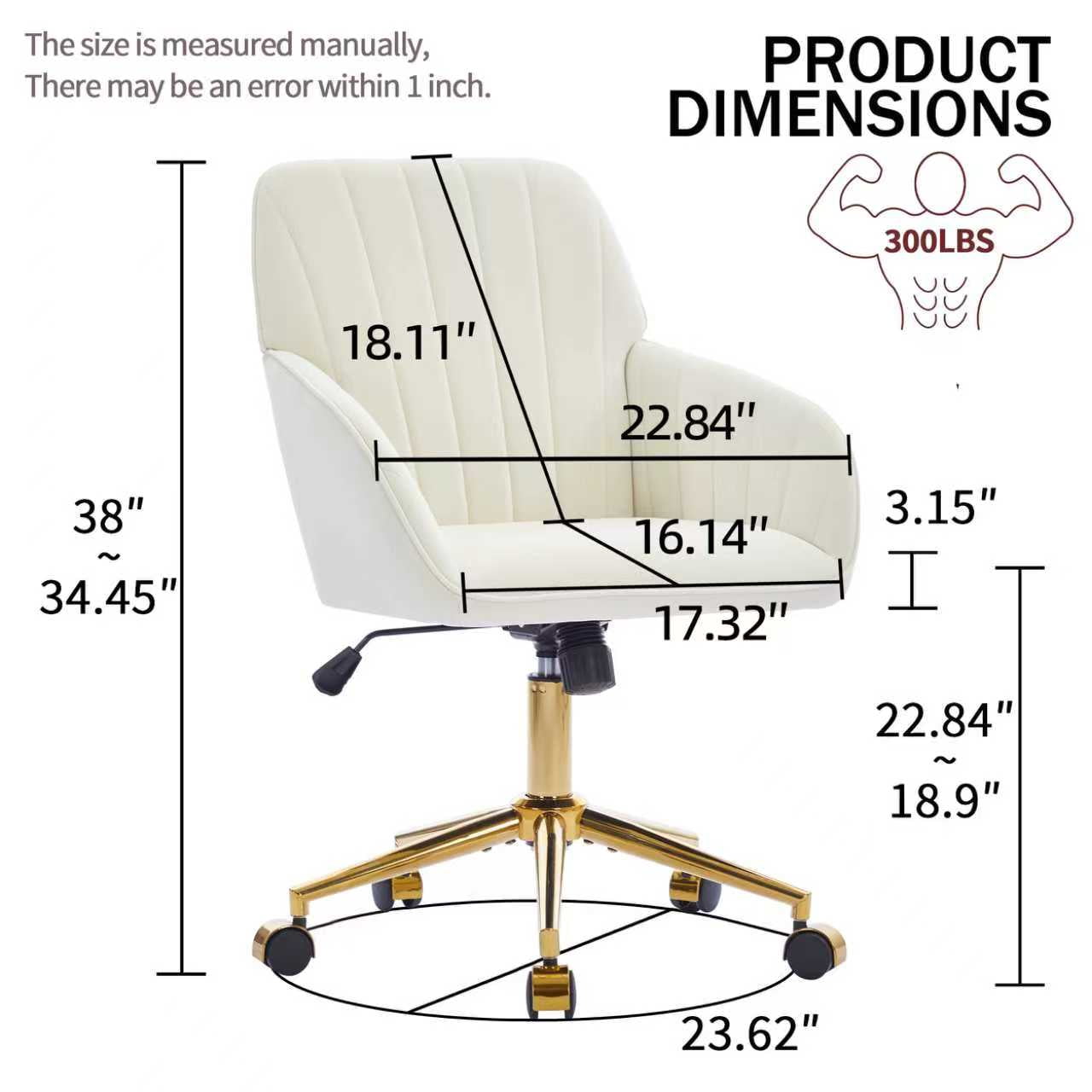 Peispie Velvet Office Chair 300lbs, Mid Back Vanity Chair, Modern Swivel Desk Chair with Gold Base, Upholstered Computer Task Chair for Bedroom, Beige