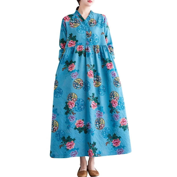 Vestido de manga larga vintage para mujer con bolsillos Vestido informal suelto estampado MABOTO Vestido