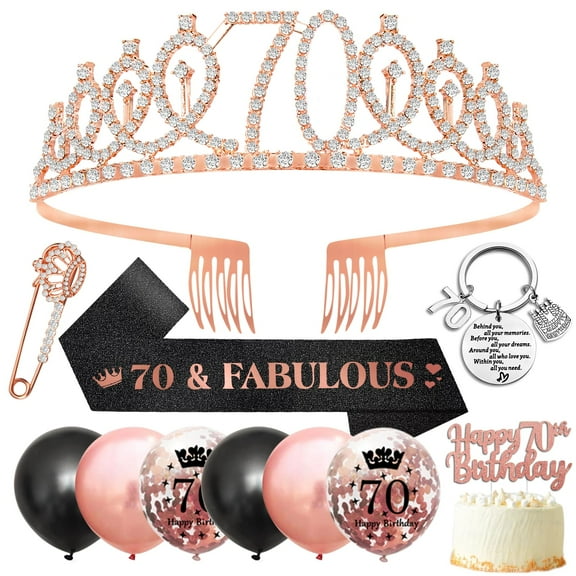 YANSION 70th Black Rose Gold Birthday Decorations Women, 70th Birthday Crown and Birthday Sash, 70th Birthday Cupcake Topper Confetti Balloons Party Accessories Supplies for Mom/Grandma's Birthday