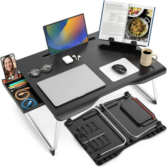 Laptop table for bed, floor standing desk | portable, folding legs, tablet recess, drawer, black