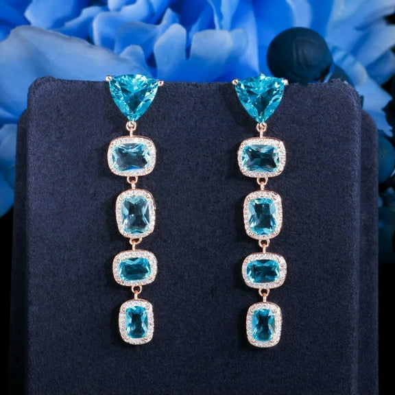 Light Blue CZ Women Long Geometric Big Dangle Drop Earrings 925 Silver Jewelry
