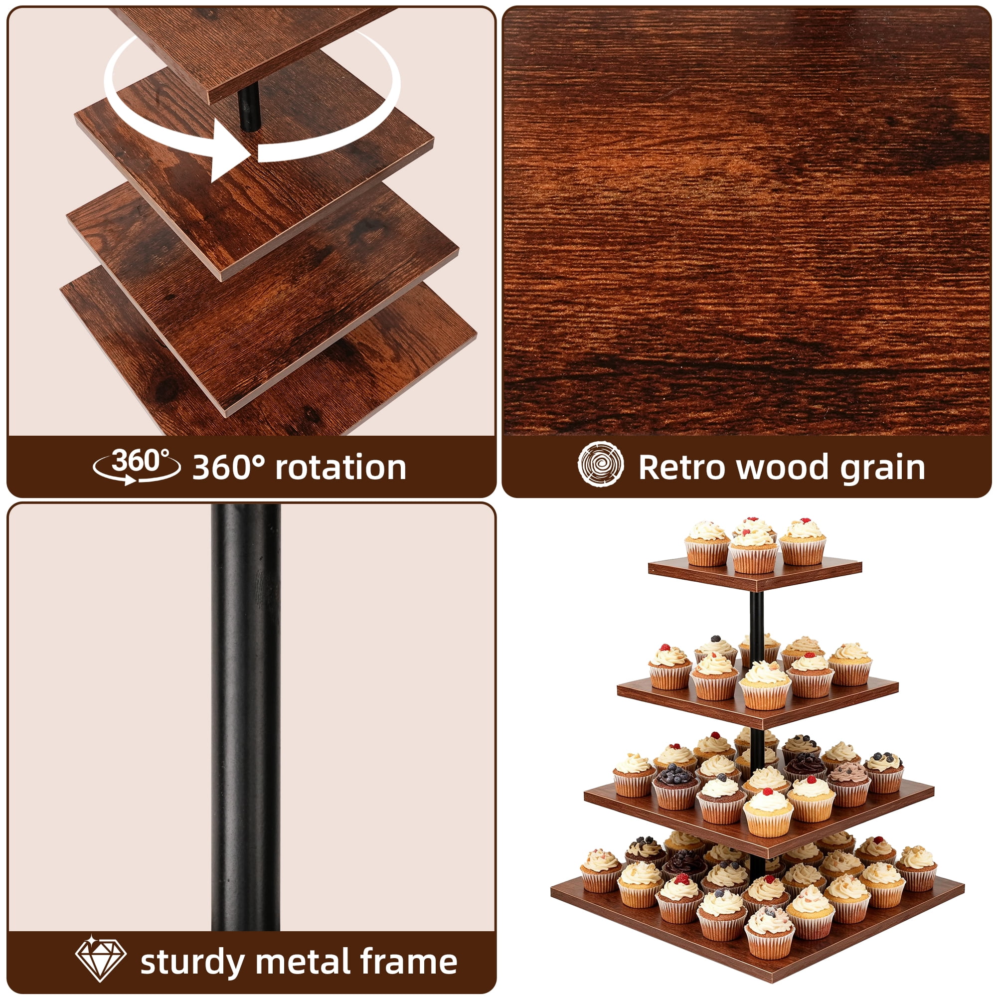MOJINO 4 Tier Wooden Cupcake Stand for 50 Cupcakes, 360° Rotating Square Dessert Tower, Rustic Tiered Tray Serving Display for Wedding, Birthday, Baby Shower