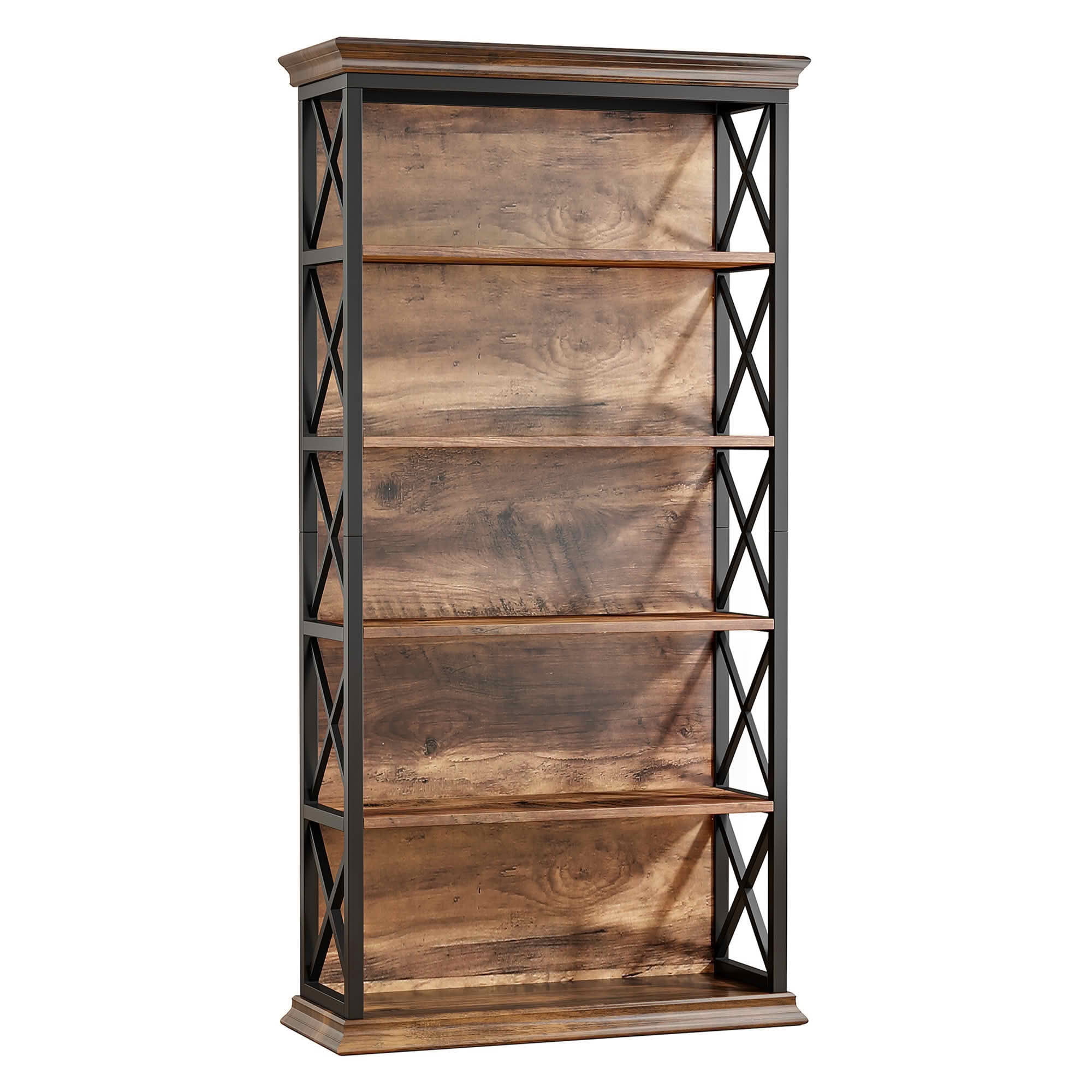MAYEERTY 70.87" 6-Tier Bookshelf, Metal Wood Etagere Bookcase with X-Shaped Frame, Heavy Duty Storage Display Rack for Home Office Bedroom