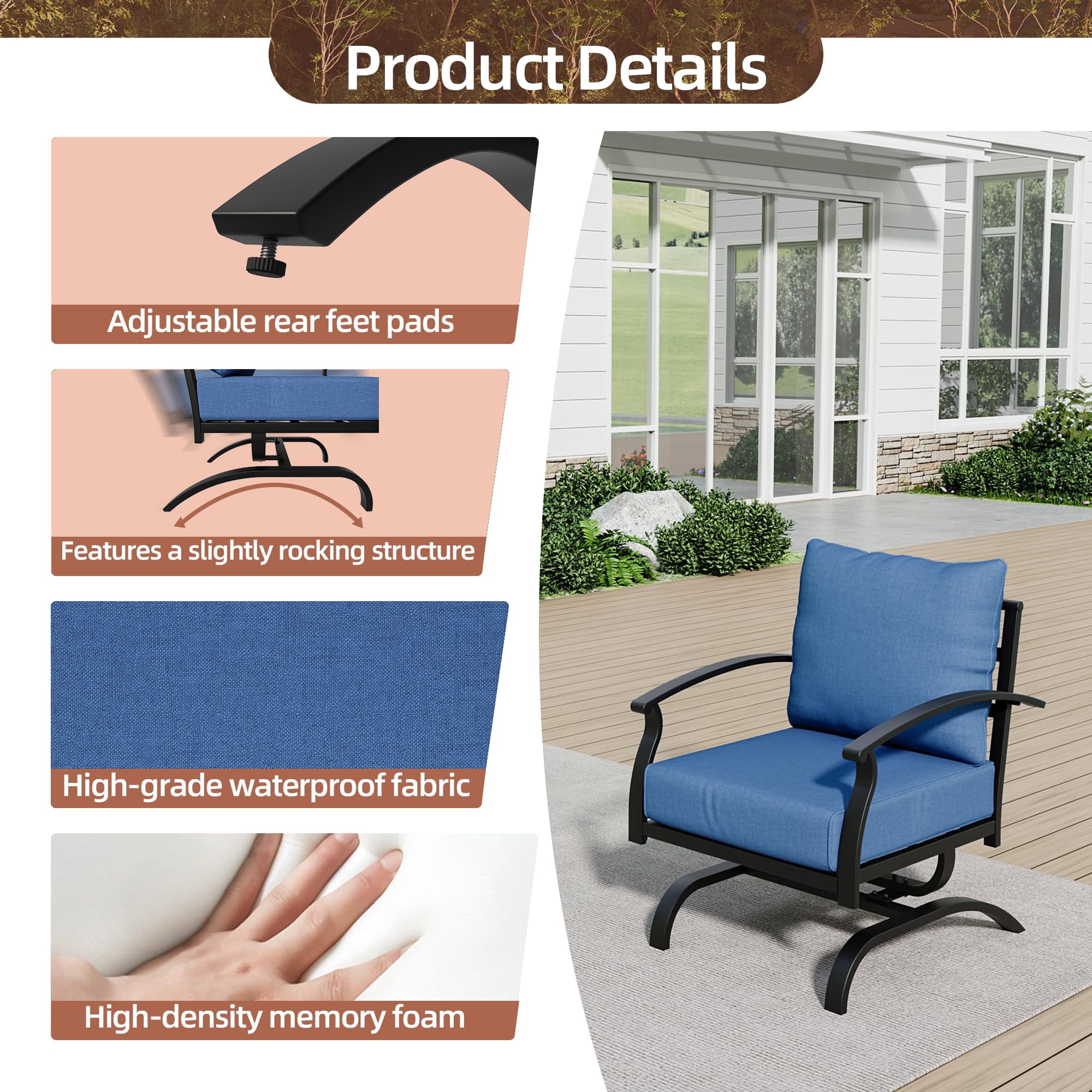 Gotland Metal Patio Furniture Set 5-Seat Modern Metal Bistro Set Outdoor Conversation Sets, 2 Piece Patio Rocker Chairs with Thick Cushion and Coffee Table for Garden Backyard Deck Lawn, Navy Blue