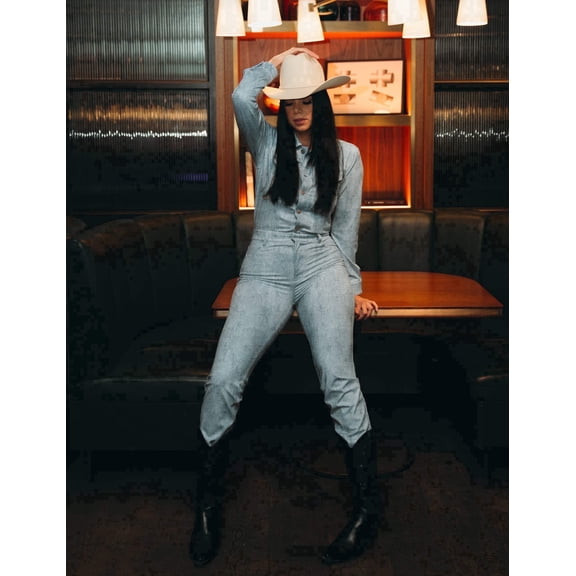 Long-Sleeve Printed Denim Athleisure Blue, Denim Jumpsuit (Women's) - Mrs Momma Bear