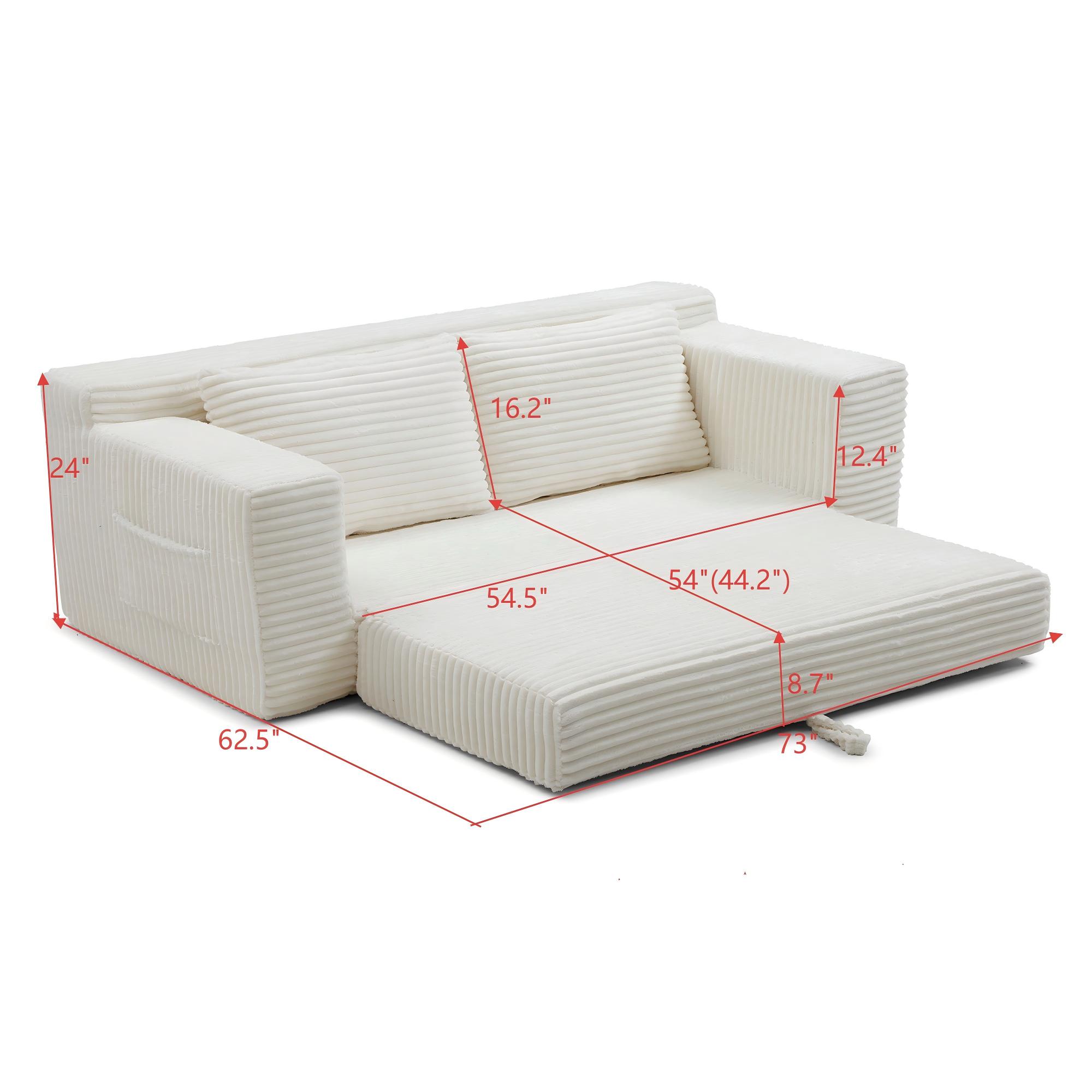Memory Foam Cloud Loveseat Sofa, 2 in 1 Convertible Folding Couch Bed with Pull-Out Sleeper, No Assembly Compressed Corduroy Floor Lounge Sofa for Apartment, Office, Bedroom, Living Room, Beige