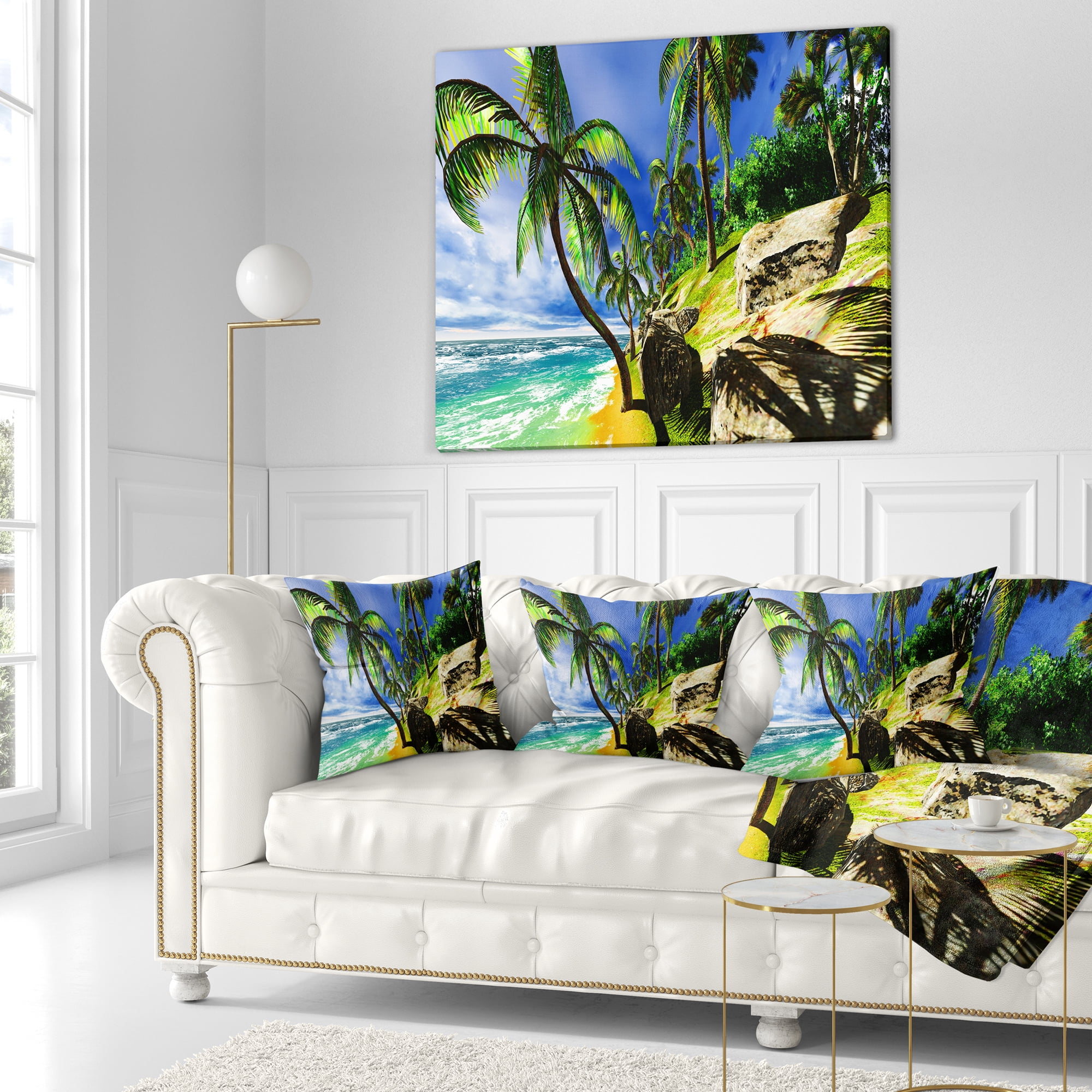 Designart Palms in Hawaii Island Beach - Modern Seascape Throw Pillow - 16x16