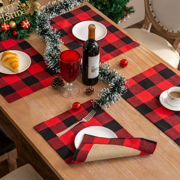 YOHAVEN Christmas Plaid Placemats Cotton Linen Table Mats, Vintage Long Table Runner for Holiday Dining Wedding Party Centerpiece Kitchen Decor