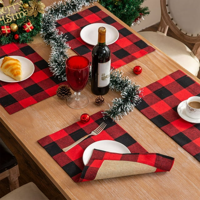 LSLJS Christmas Plaid Placemats Plaid Vintage Concise Rustic Long Tablecloth Christmas Cotton and Linen Woven Table Flags Holiday Wedding Decoration, Dinner Mats