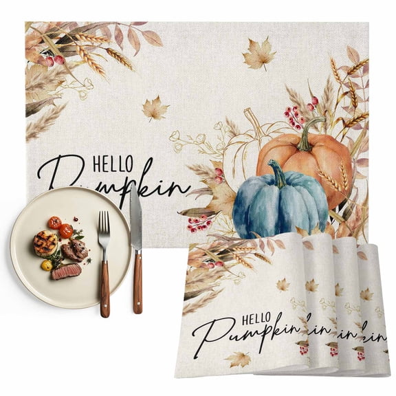 Thanksgiving Pumpkin Placemats Set of 6 Orange Blue Pumpkins Retro Leaf Linen Heat Insulated Linen Place Mats, Washable Stain-Proof Table Mats for Dining Tables Holiday Decor 13x19inch