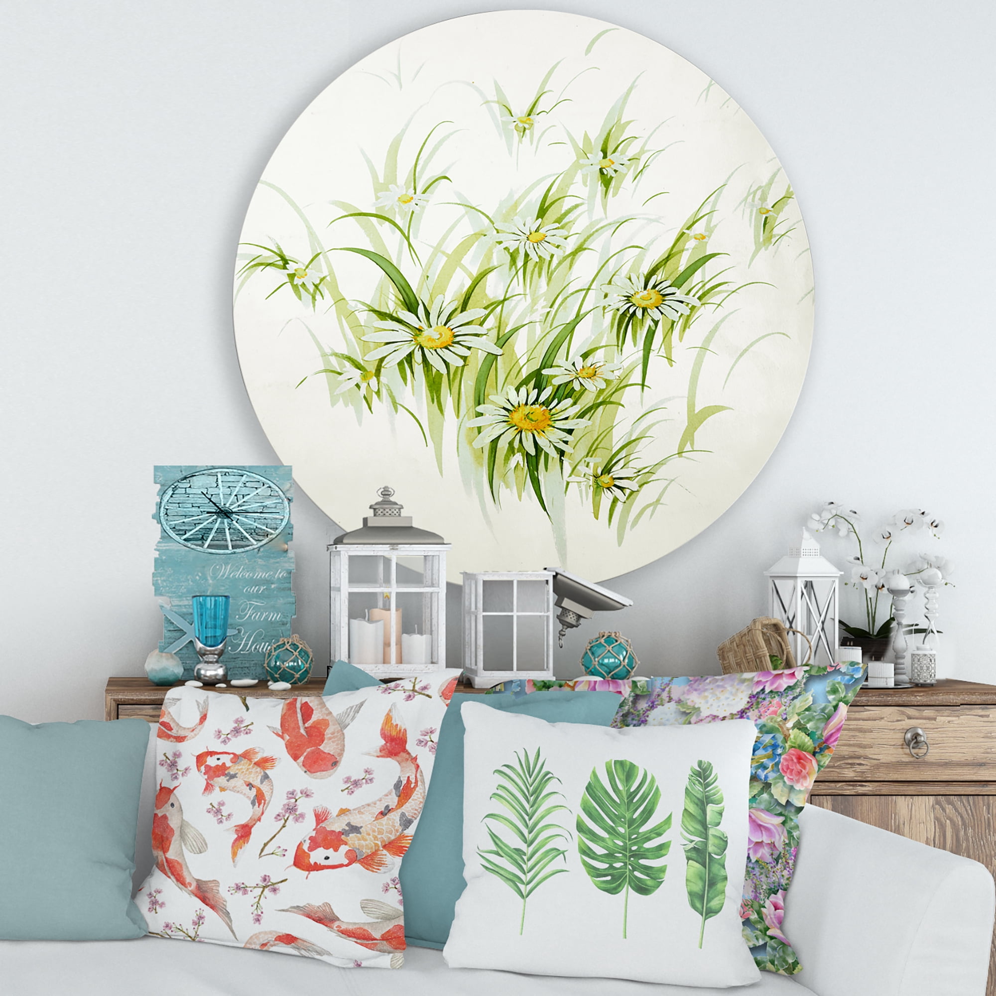 Designart 'Abstract Retro Drawing of Flowers I' Vintage Circle Metal Wall Art 29x29 - Disc of 29