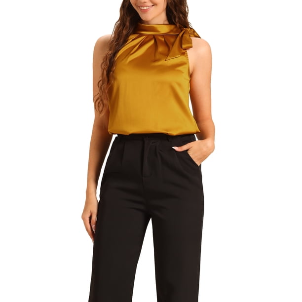 INSPIRAR CHIC Blusas de Trabajo Sin Mangas de Satén para Mujeres con Lazo en el Cuello Color Sólido M Amarillo
