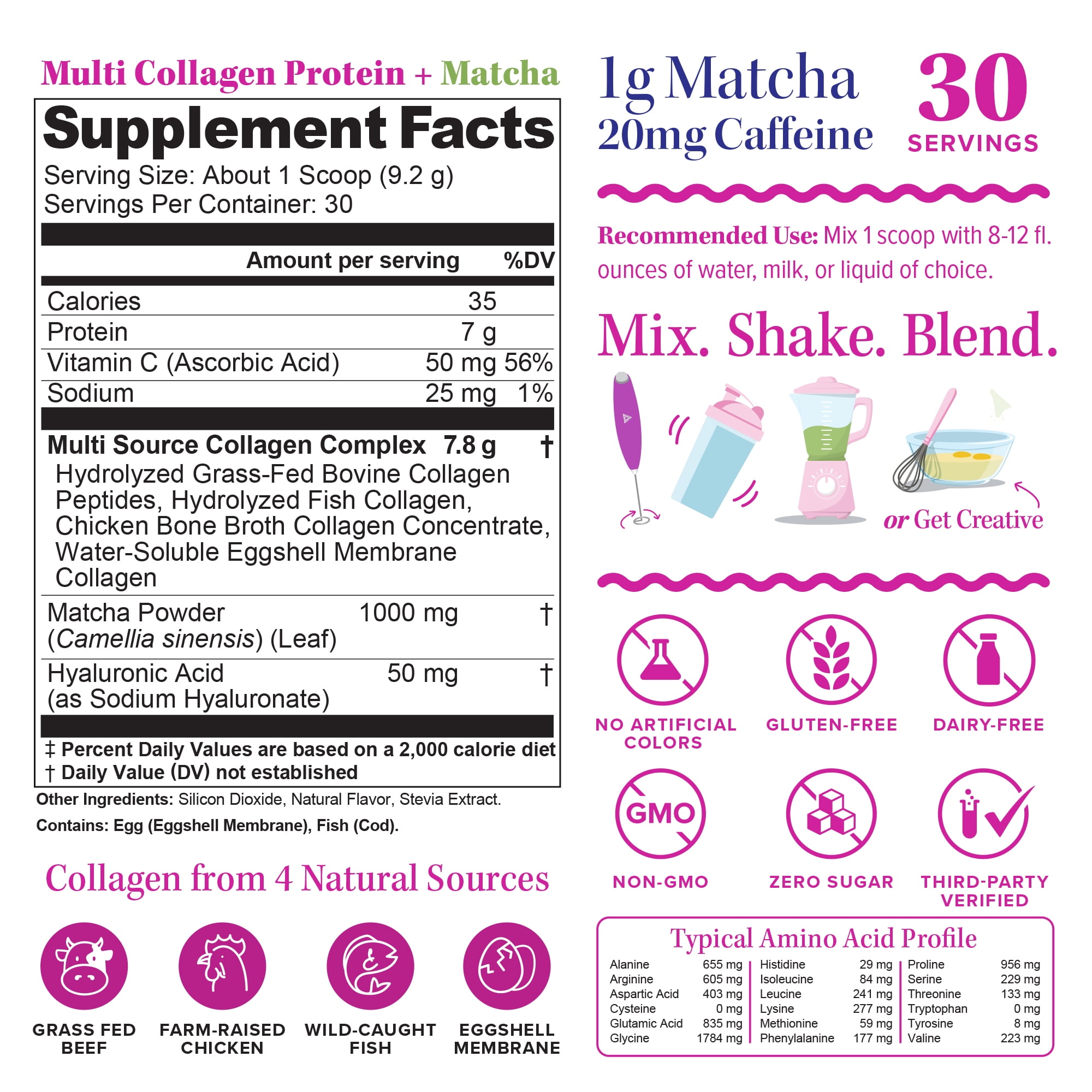 Muti Collagen Protein Powder Multi Collagen Peptides Powder for Women -for Hair Skin and Nails Matcha Flavored - 30 Servings
