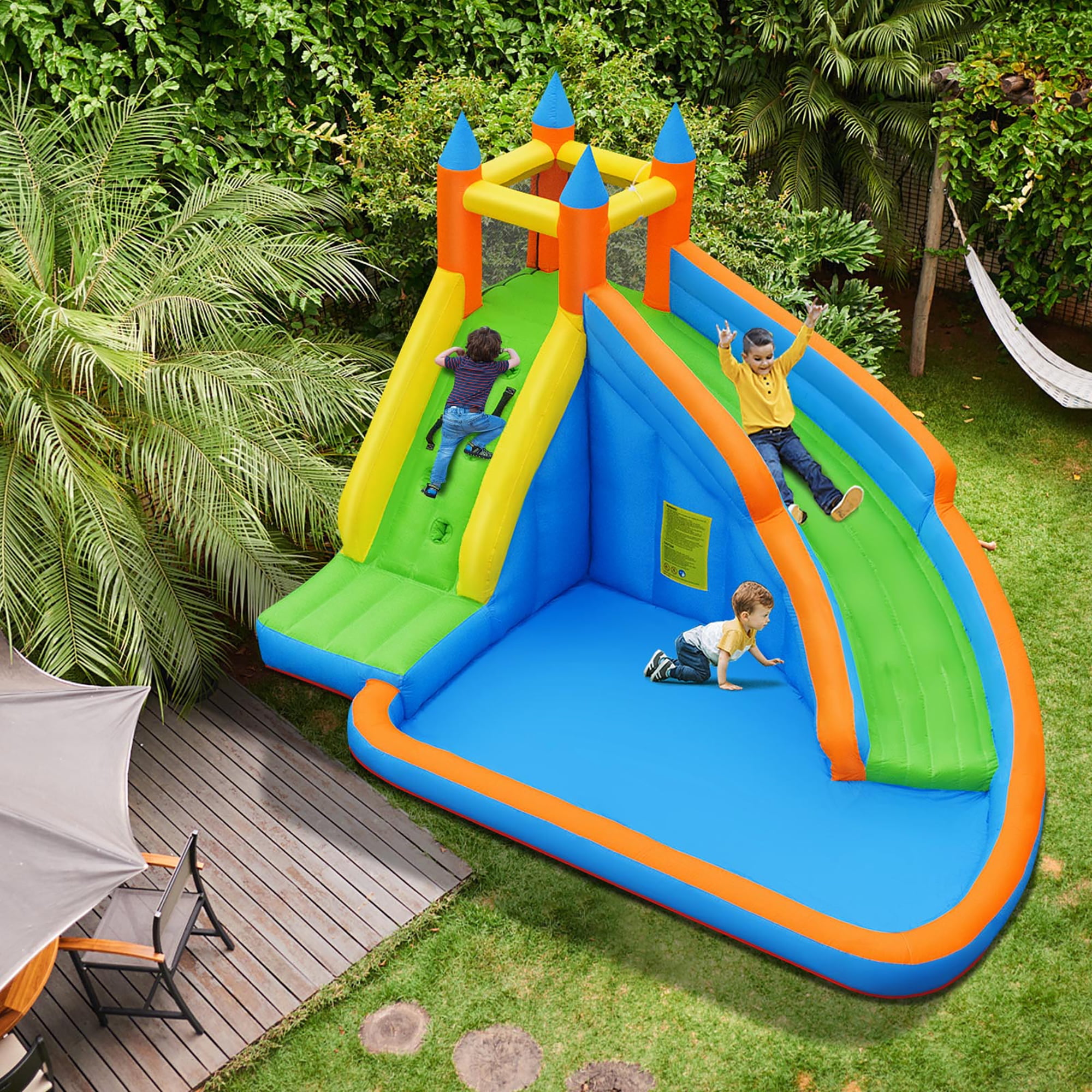 Goplus Inflatable Water Slide Mighty Bounce House Castle Moonwalk Splash Pool with 735W Blower
