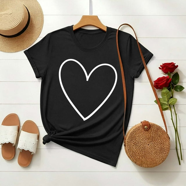Nuoqisi T-Shirt à Manches Courtes et Col Rond Imprimé pour la Saint-Valentin pour Femmes, Haut à Motif Mignon pour Tenues Décontractées, T-Shirt Mode pour Dames