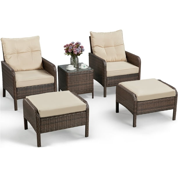 Topeakmart 5 Pieces Outdoor Rattan Wicker Conversation Patio Furniture Set With Ottoman And Coffee Table Brown Com - Outdoor Furniture Review