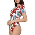 thumbnail image 2 of KLL Women 's Crew Neck Bodysuit Jumpsuits Lilies Flowers Print Short onesies Stretch T Shirts, 2 of 7
