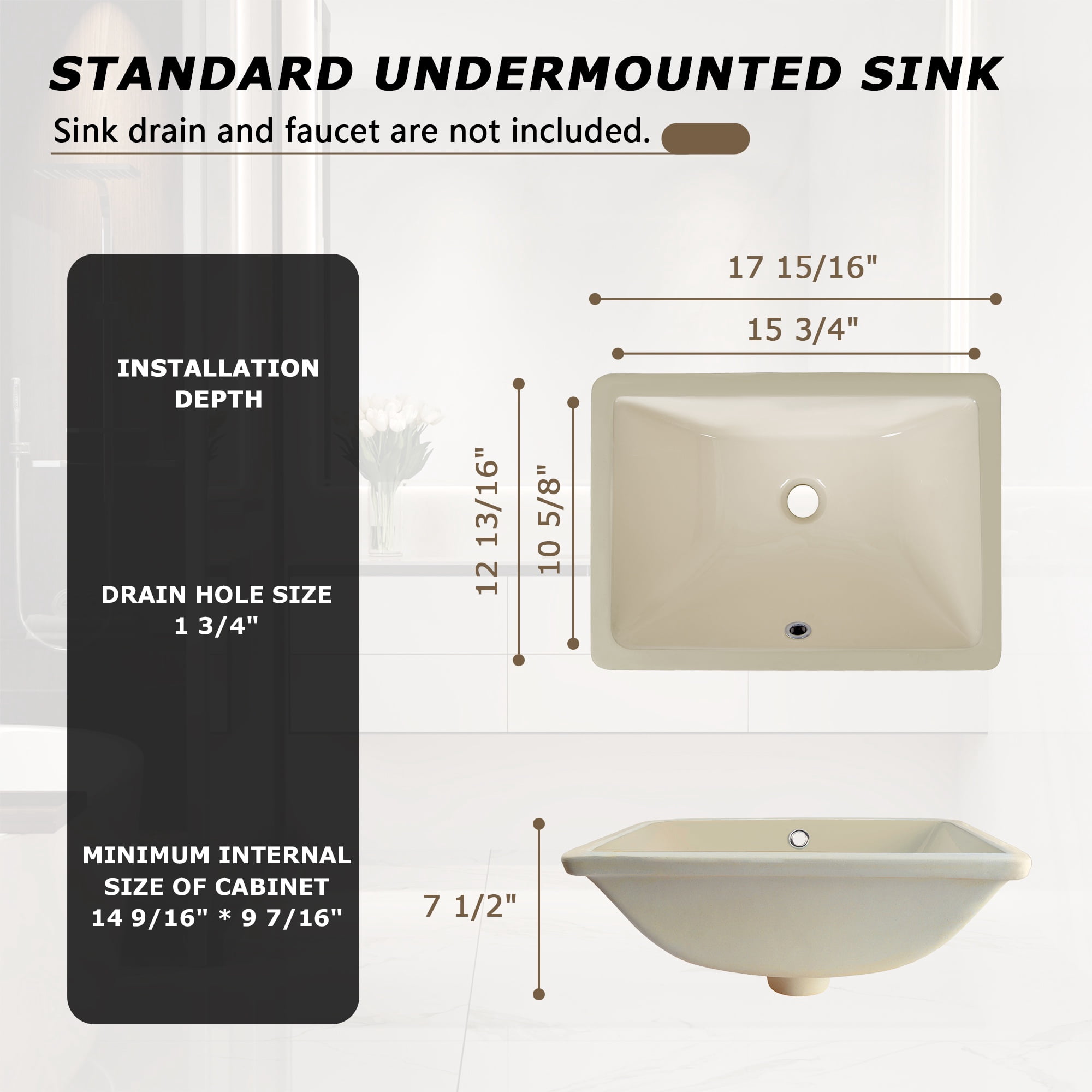 DV-1U306BN DeerValley Ursa Undermount Bathroom Sink 18" X 13" Rectangular Vitreous China with
