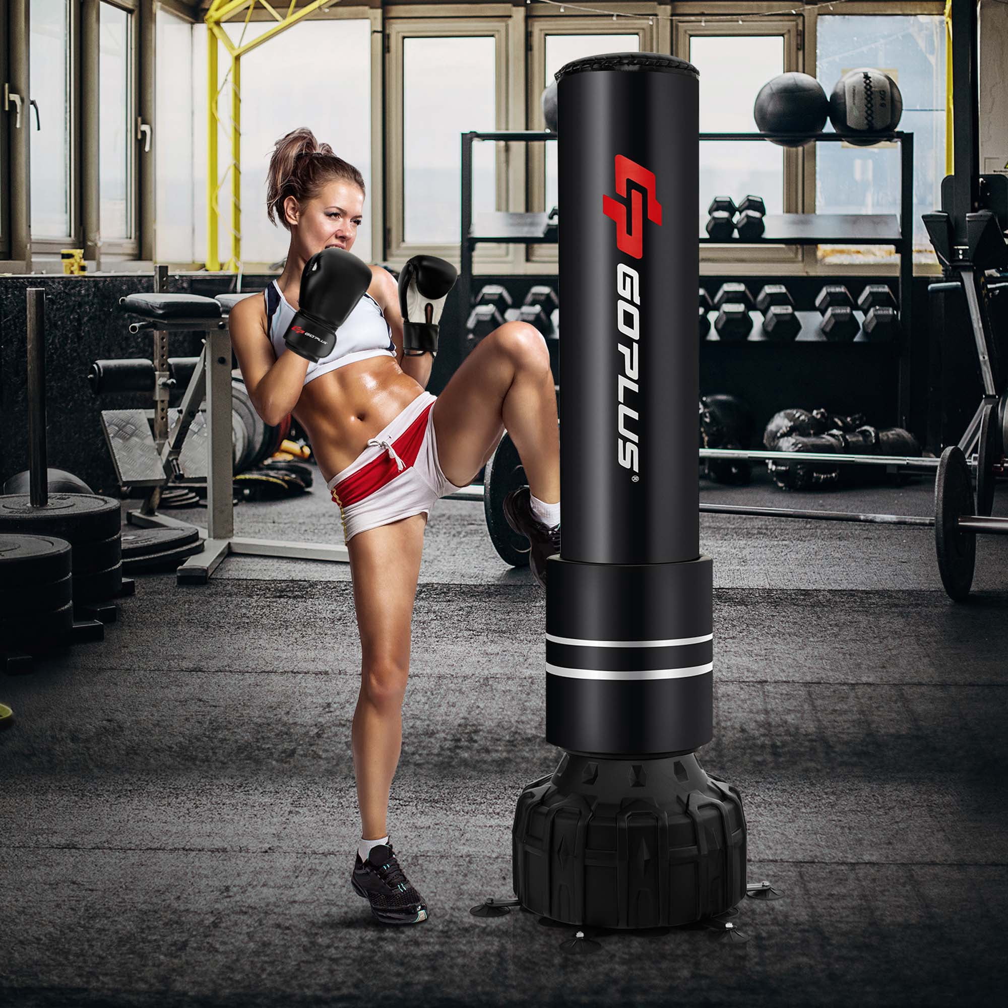 Goplus 71" Freestanding Punching Bag with 25 Suction Cups Gloves 182 lbs Sand Filling
