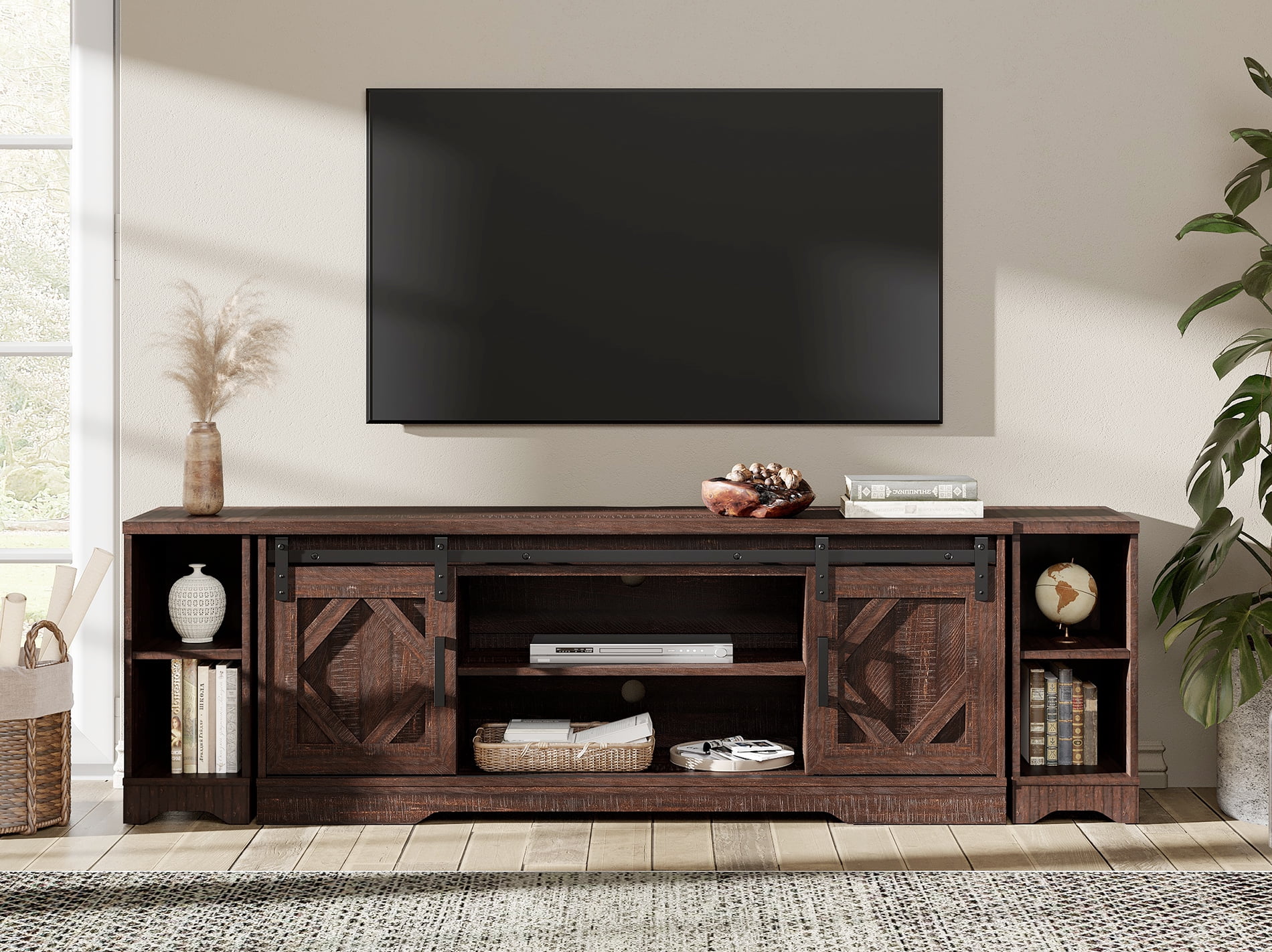 WAMPAT Farmhouse 85 inch TV Stand and Coffee Table Set of 2, Entertainment Center for TVs Up to 85", 30 inch Square Wood Coffee Table with Gas Spring Flip-Top for Living Room,Rustic Brown
