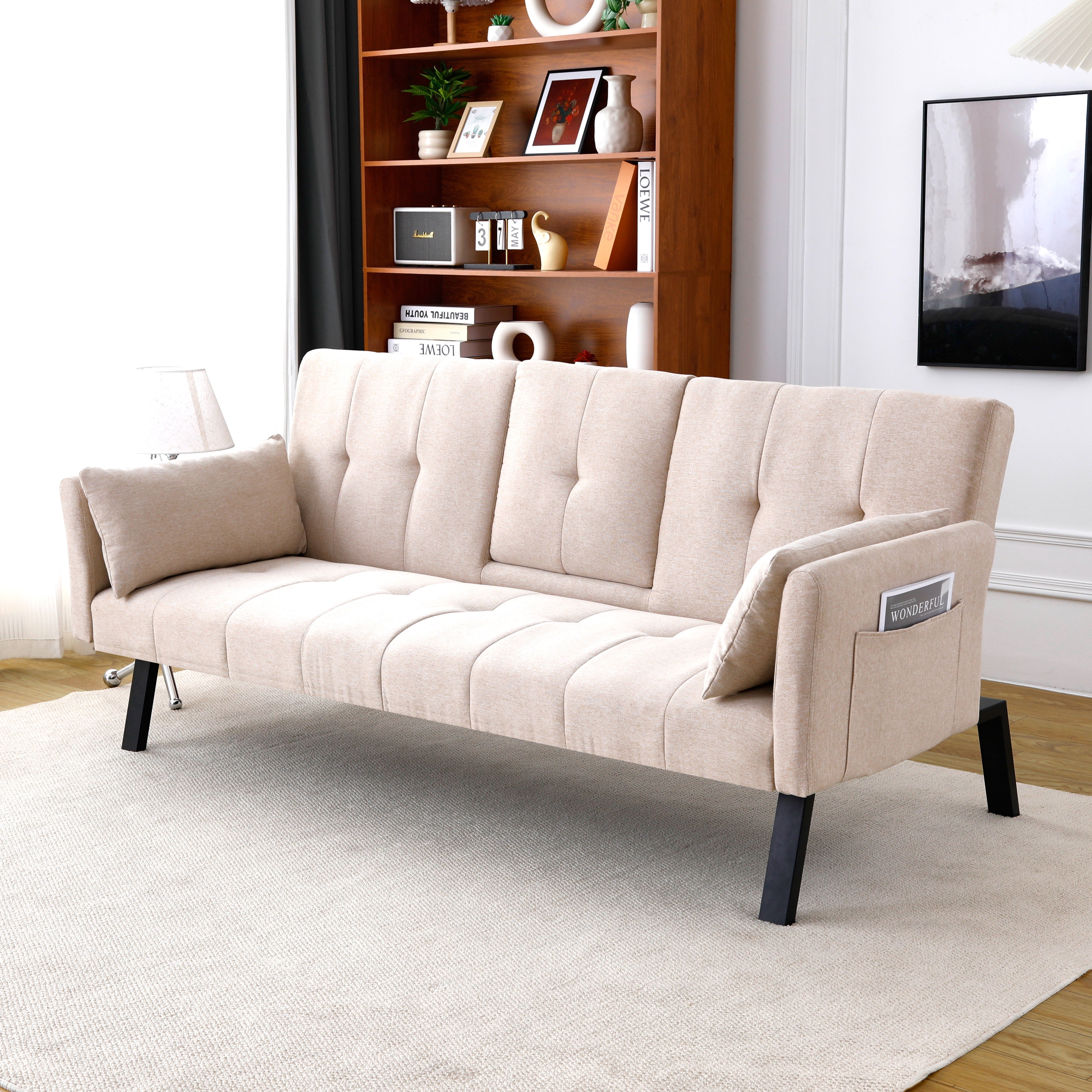 BSHTI 70 inch Multi Functional Cotton Sofa Couch,linen sofa bed with Cup Holder and Side Storage for Livingroom