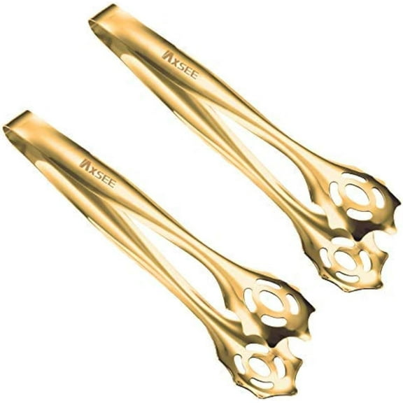 ABPETE 2-Pack 9 Inch Stainless Steel Gold Salad Tongs, Non-slip & Easy Grip Smart Locking Clip Handy Utensil for Cooking, Serving, Barbecue, Buffet, Salad, Ice, Oven