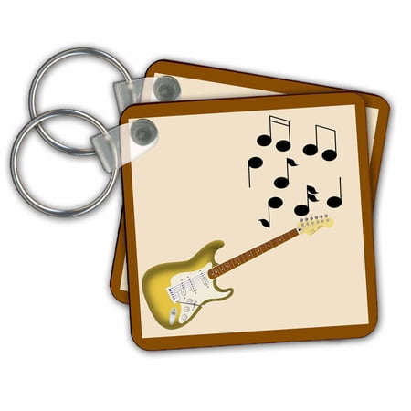 3dRose Gold Sunburst Electric Guitar with musical notes - Key Chains  2.25 by 2.25-inch  set of 2