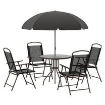 6 Piece Patio Dining Set for 4 with Umbrella, Outdoor Table and Chairs with 4 Folding Dining Chairs & Round Glass Table for Garden, Backyard and Poolside, Black