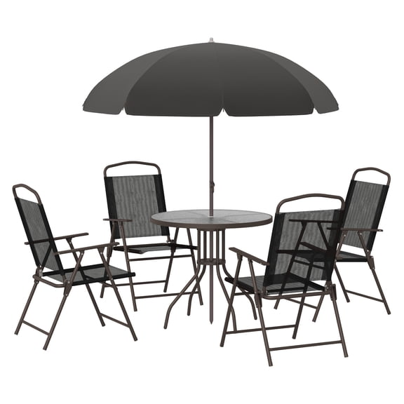 6 Piece Patio Dining Set for 4 with Umbrella, Outdoor Table and Chairs with 4 Folding Dining Chairs & Round Glass Table for Garden, Backyard and Poolside, Black