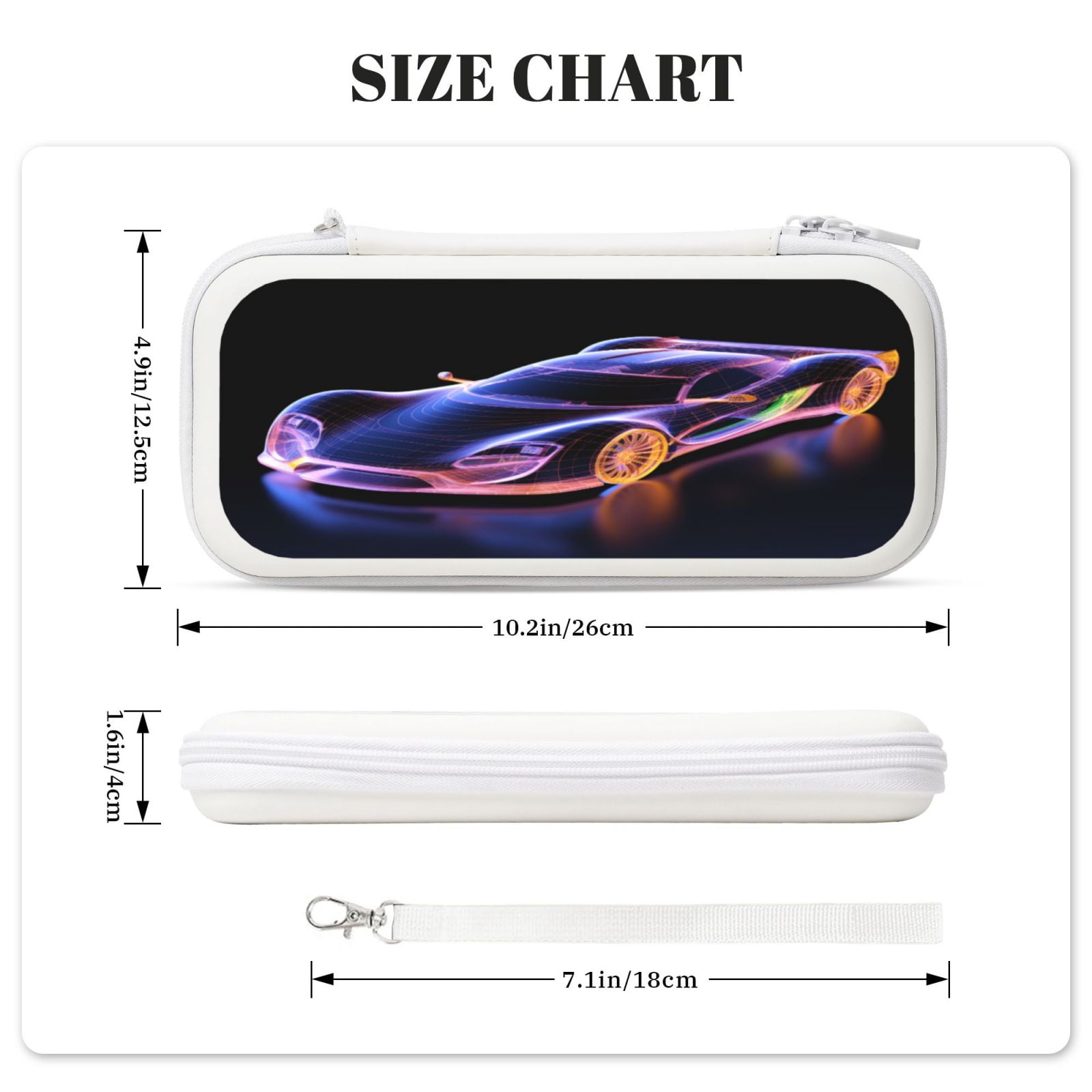 Race Car Hologram (3), Carrying Case For Nintendo Switch & OLED Version, Eva Lightweight Shockproof Protective Pouch Case for Game Console & Accessories with 10 Game Card Slot & Wristband, White