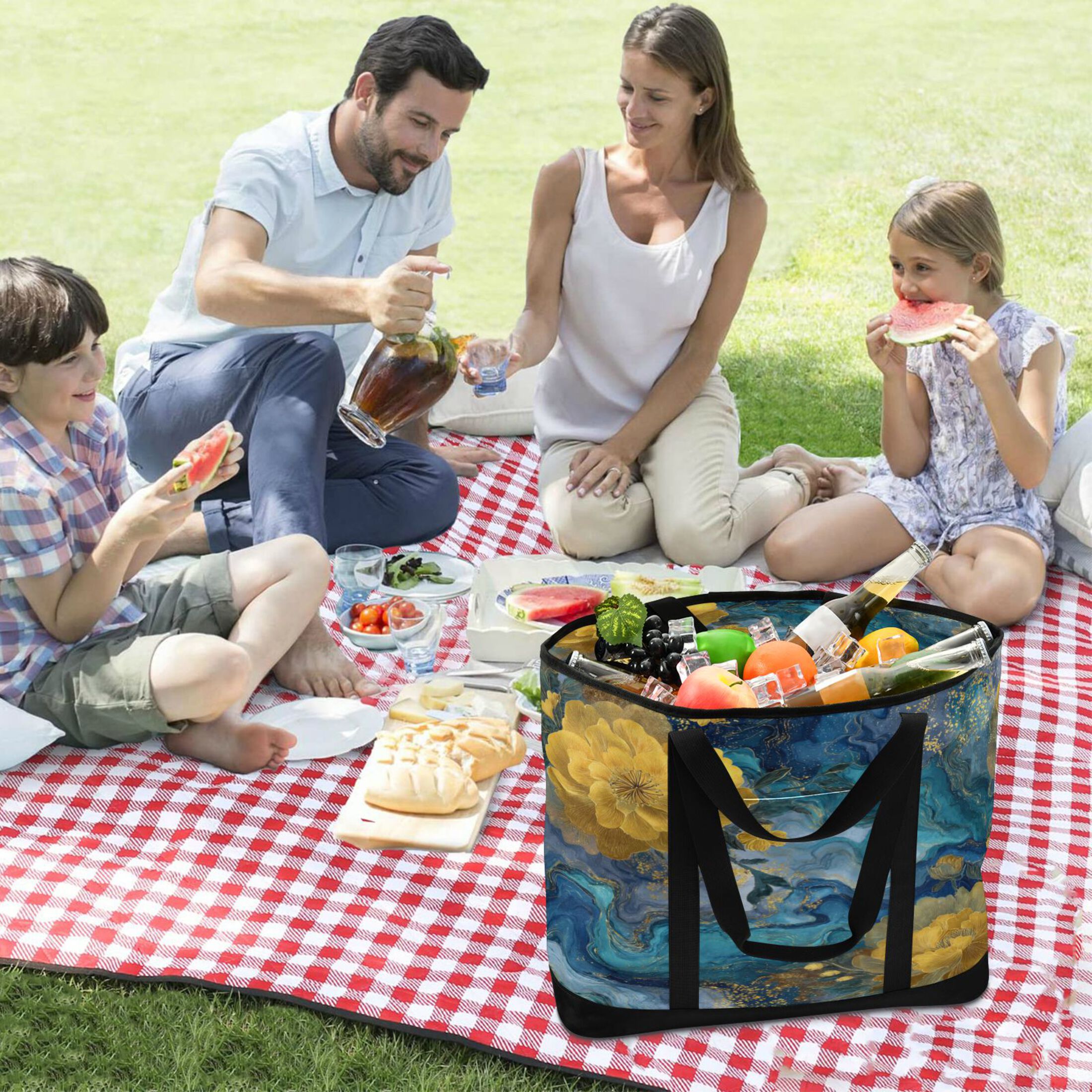 Extra-Large Wide Opening Design Capacity Hand-Held Ice Pack Thickened Insulation Layer For Long-Lasting Cold Retention For Outdoor Shopping Picnics And Camping Swirling Water and Yellow Flowers