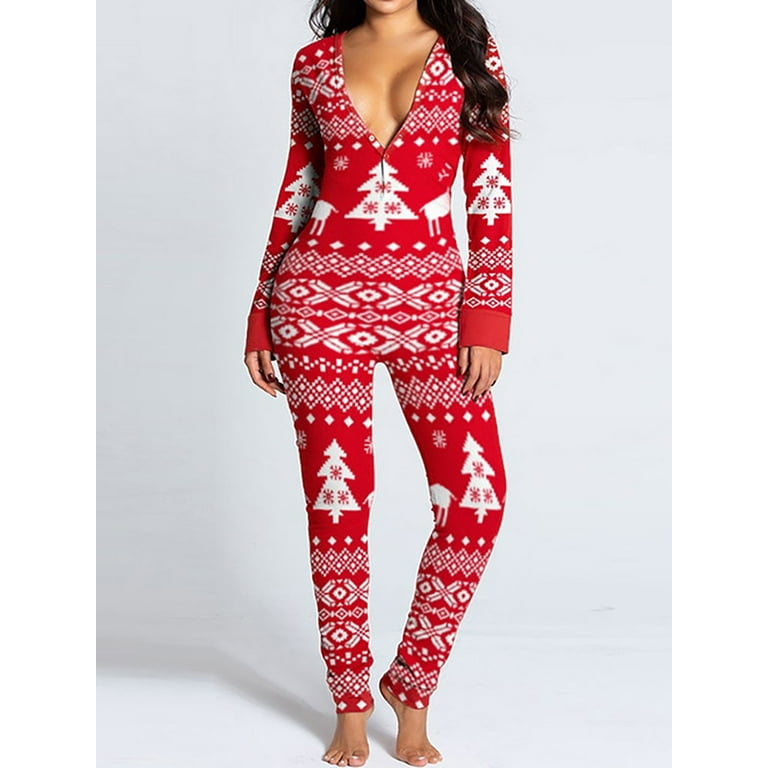 SpringTTC Women s Christmas One Piece Onsie Print Sleepwear Ugly Christmas Pajamas Jumpsuit Romper Nightwear