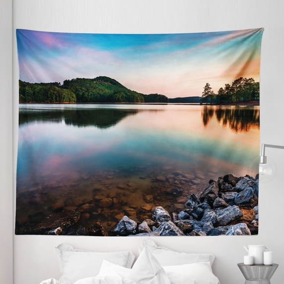 Lake Tapestry, Lake Allatoona at Red Top Mountain State Park North of Atlanta Scenic Spring Sunrise, Fabric Wall Hanging Decor for Bedroom Living Room Dorm, 5 Sizes, Multicolor, by Ambesonne