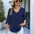 thumbnail image 3 of Womens Dressy Casual Blouses 3/4 Sleeve V Neck Ruffle Tops Business Ladies Summer 2025 Work Shirt Navy blue M, 3 of 5