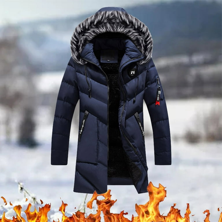 GHSOHS Mens Winter Coats Long Parka Windproof Heavyweight Thicken Warm  Lined Jacket Fashion Plush Hat Hooded Outerwear Dark Blue XL