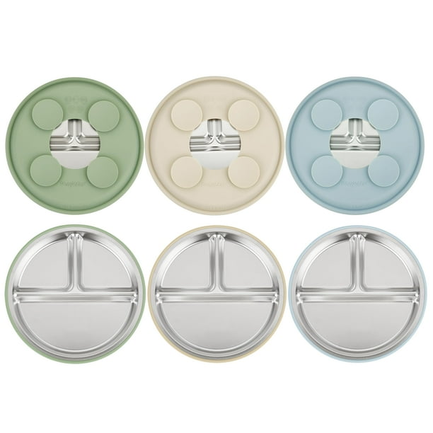Placas de succión para bebés PandaEar de acero inoxidable, paquete de 3, azul/verde/marrón
