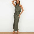 thumbnail image 4 of Ladies Elegant Sleeveless Halter Satin Summer Wedding Long Evening Dresses(M)-Army green-L, 4 of 6