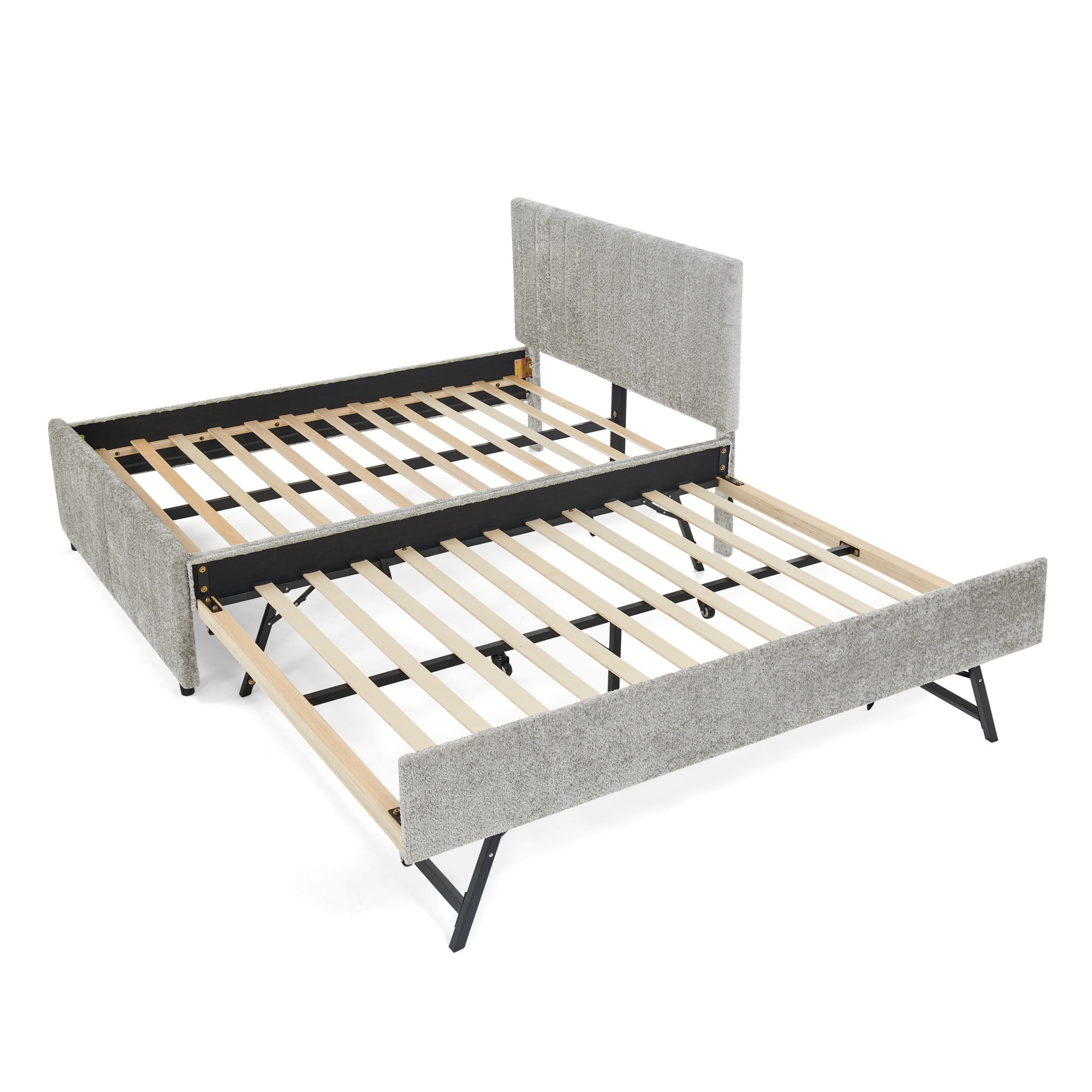 Noble House Fioren Full Size Chenille Upholstered Bed Frame, Space Saving Daybed with Hidden Trundle, Gray