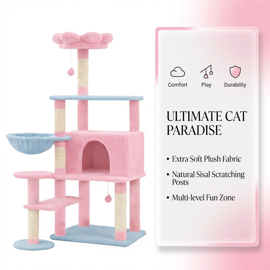 Flower Cat Tree With Large Condo Removable Flower Cushion and Hammock, Pink