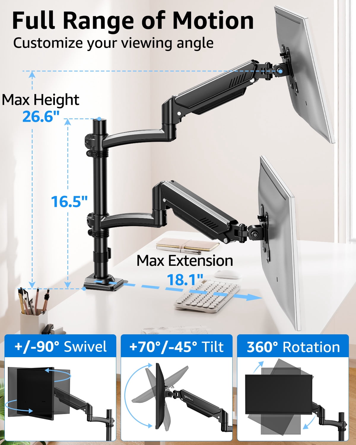 MOUNT PRO Freelift Dual Monitor Arm with Adjustable Gas Spring Stand, VESA 75x75/100x100, 4.4-22 lbs, Black