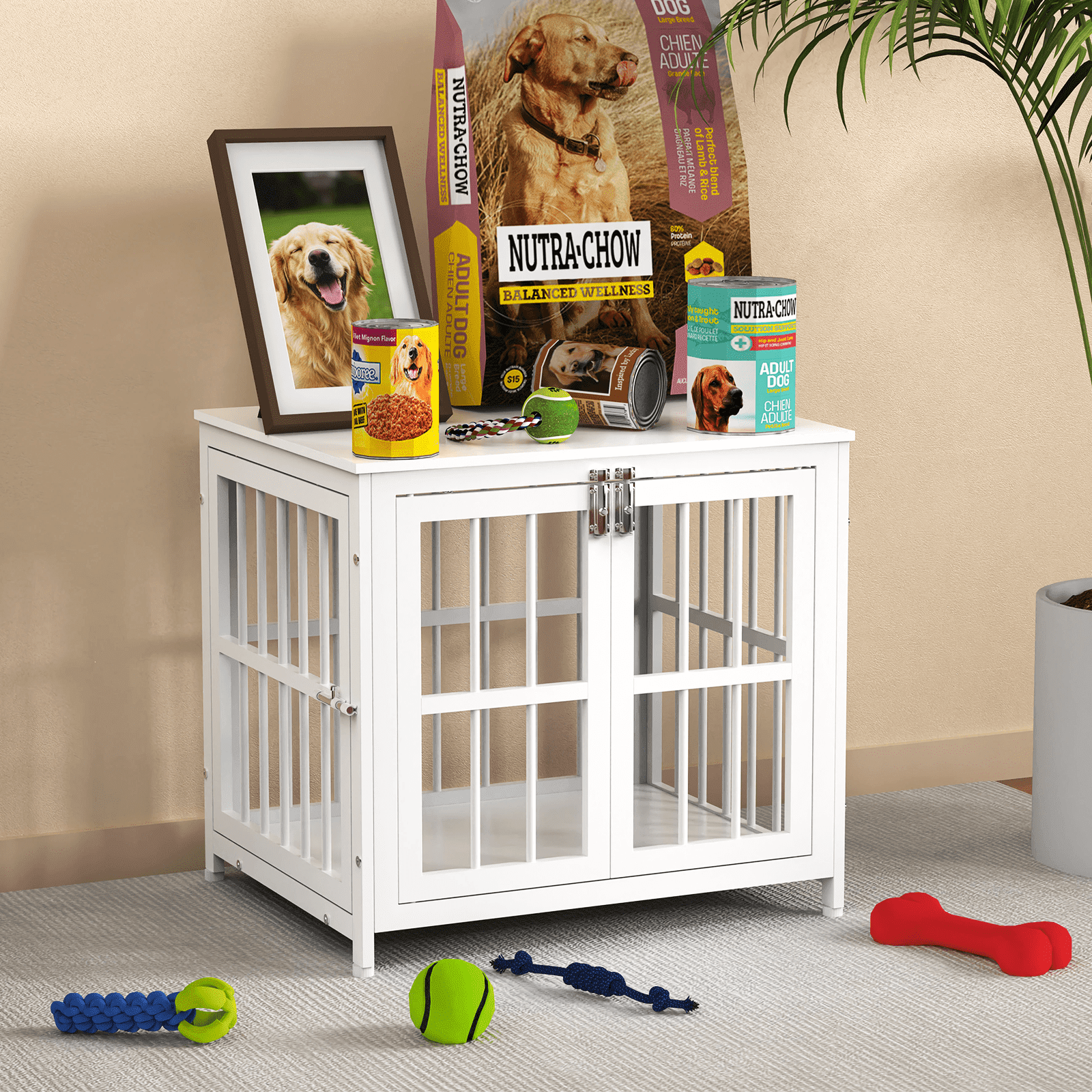 Ironovahome 26" Heavy Duty Dog Crate Furniture, Chew-Proof & Escape-Proof Wooden Dog Cage with Safe Locks & Double Doors, Indoor Dog Kennel Pet House for Small Dogs Up to 10lb, White